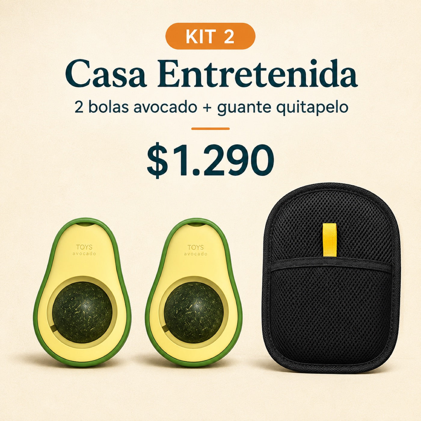 Kit 2 Casa Entretenida: 2 bolas avocado mas guante quitapelo por $1.290