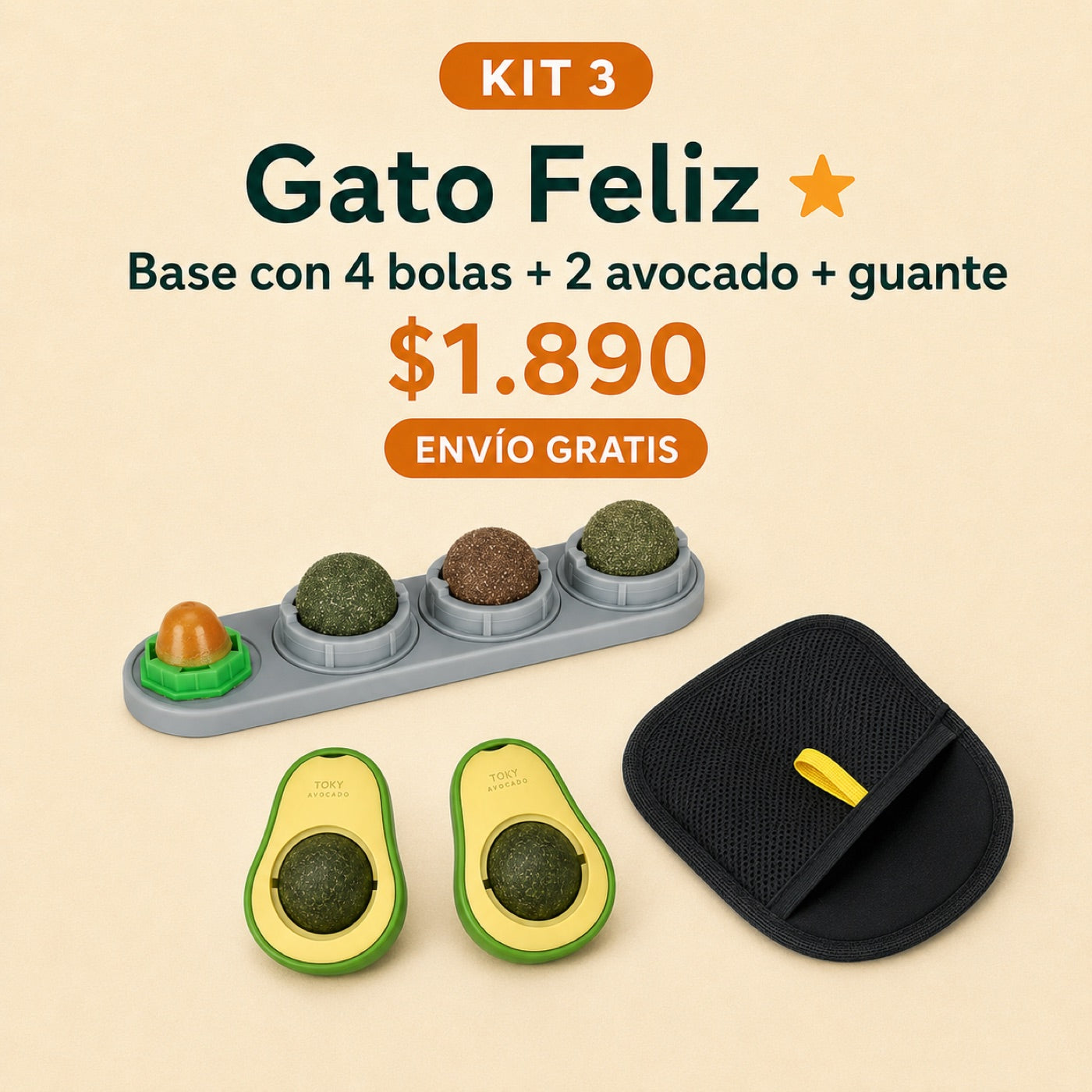 Kit 3 Gato Feliz: base con 4 bolas, 2 avocado y guante por $1.890 con envio gratis